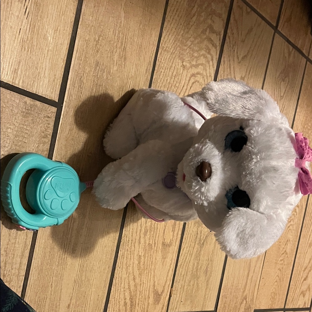 Interactive White Plush Puppy Toy with Leash